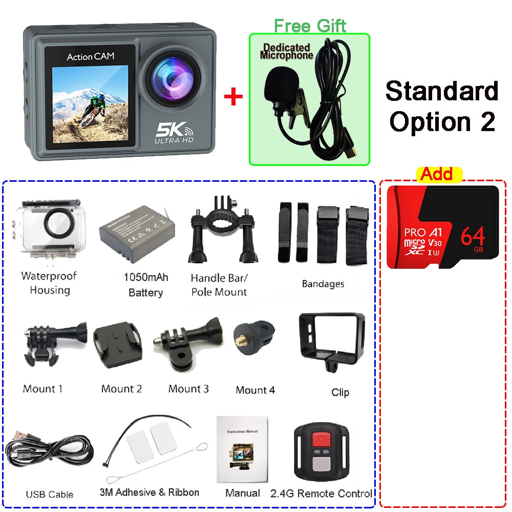5K 60FPS Action Camera – Dual Touch Screen Waterproof Sport Cam