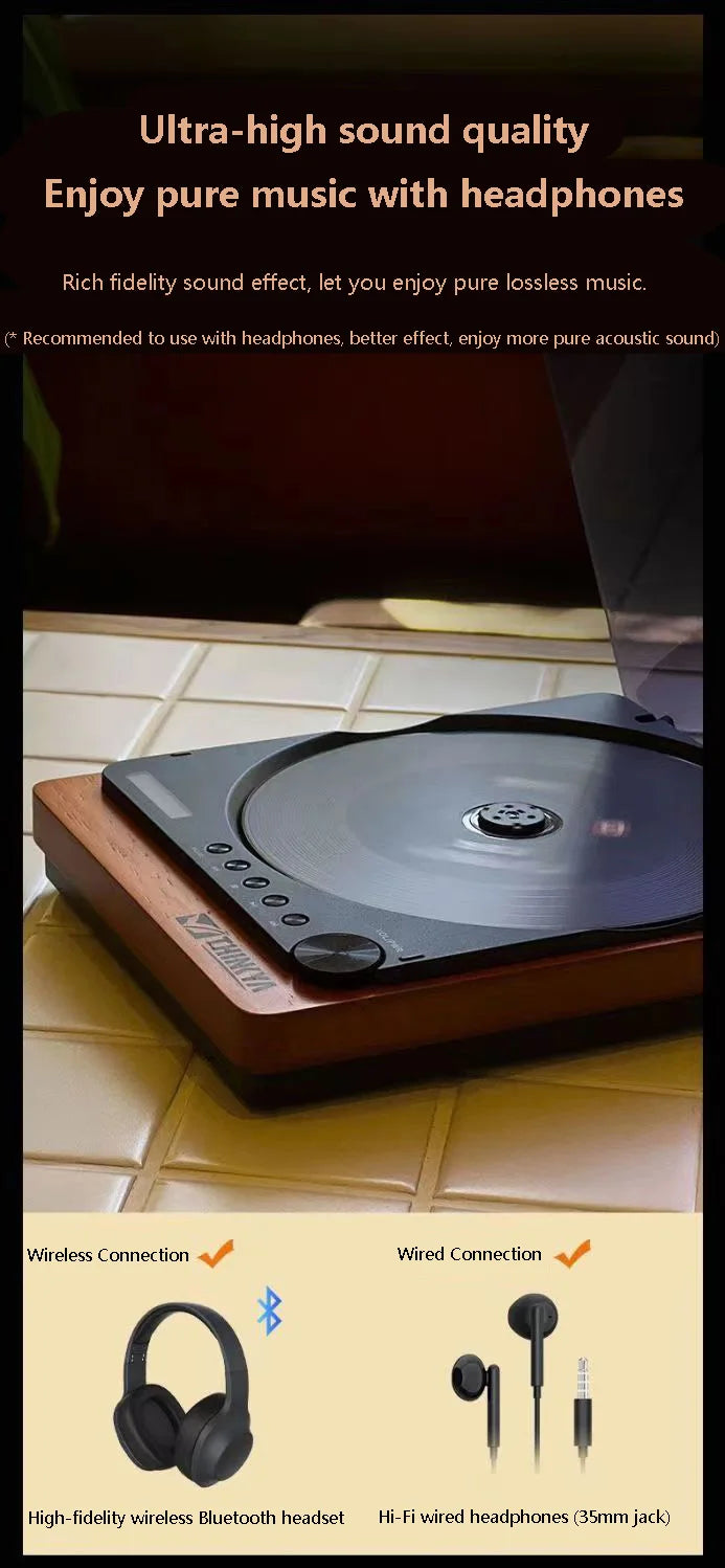 Wooden HiFi CD Player – Bluetooth 5.1 & USB Lossless Music Player