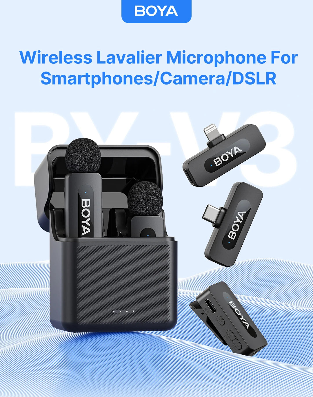 BY-V3 Wireless Lavalier Microphone – Noise-Cancelling Mic for Phone & Camera