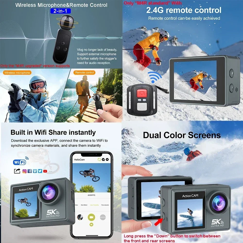 5K 60FPS Action Camera – Dual Touch Screen Waterproof Sport Cam